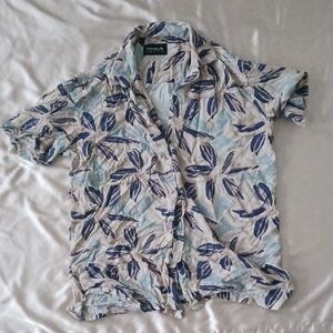 Porrabella Men's Casual Blue and White Leaf Shirt